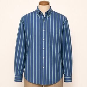 Vintage Viyella Blue Green Stripe Button Down Shirt Hong Kong Cotton L